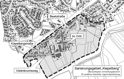 Sanierungsgebiet Kiepelberg - Übersichtsplan mit Gelungsbereich&nbsp;&copy;&nbsp;(c) Landkreis Osterholz, eigene Bearbeitung Gemeinde Ritterhude